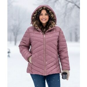 Big Chill Puffer Jacket Women 1X Mauve Leopard Faux Fur Trim Hood Lightweight